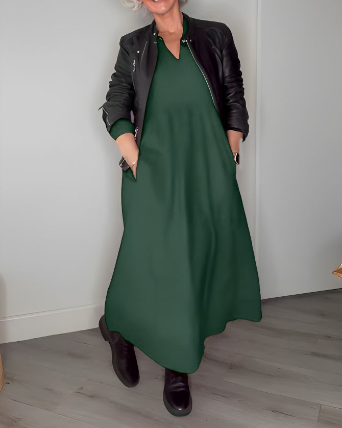Robe longue femme Amanda – robe élégante à col en V et manches longues pour l’hiver