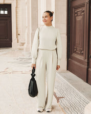 Pantalon femme JULIE – pantalon beige wide leg taille élastique chic & confortable