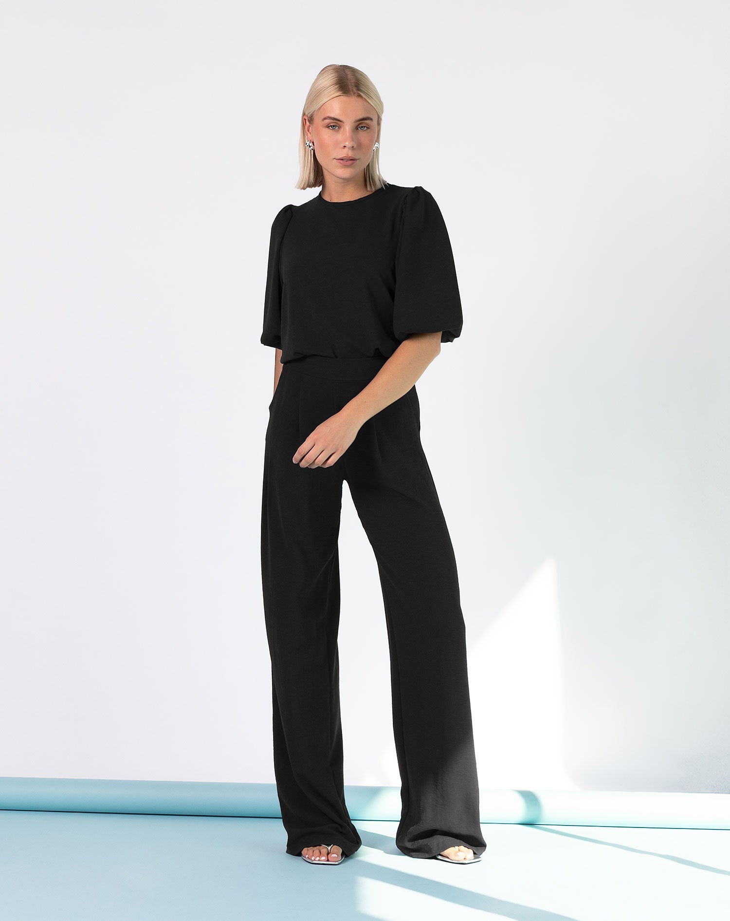 Pantalon femme JULIE tall – pantalon noir wide leg taille élastique élégant