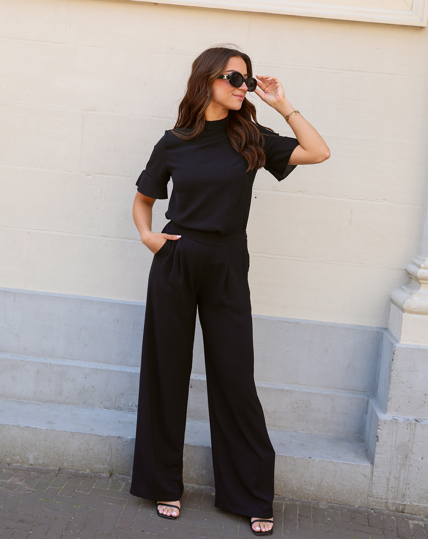 Pantalon femme JULIE tall – pantalon noir wide leg taille élastique élégant