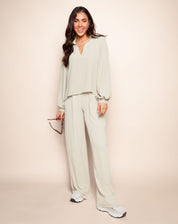 Pantalon femme JULIE – pantalon beige wide leg taille élastique chic & confortable