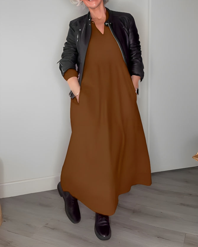 Robe longue femme Amanda – robe élégante à col en V et manches longues pour l’hiver