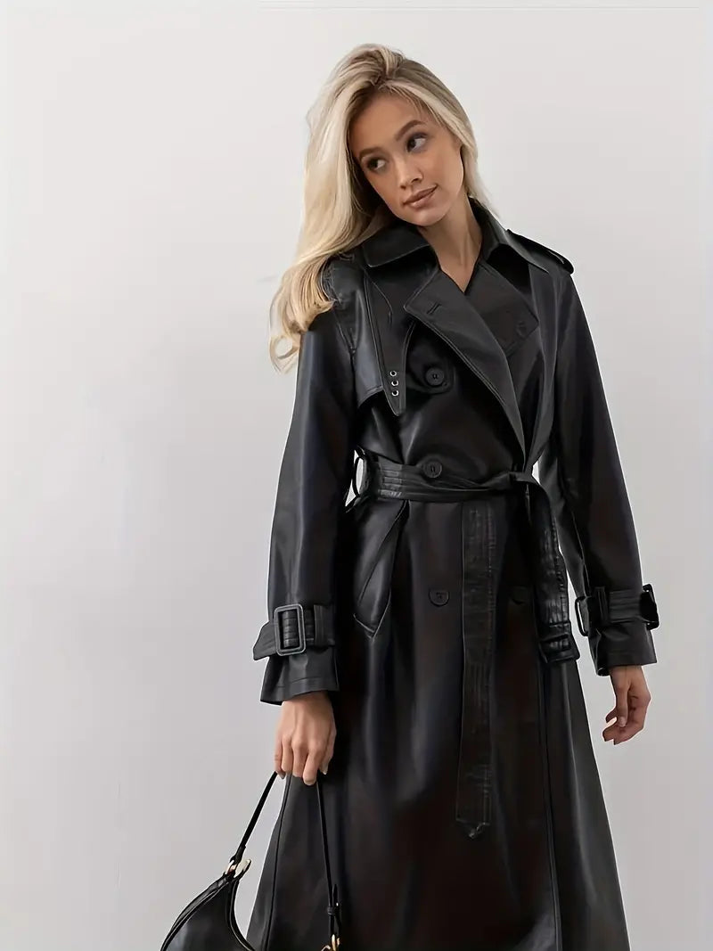 Trench-coat long en cuir Ella – Bretelles croisées & ceinture cintrée élégante