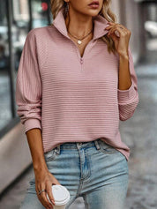 Pull demi-zip côtelé femme — coupe relaxée & manches longues
