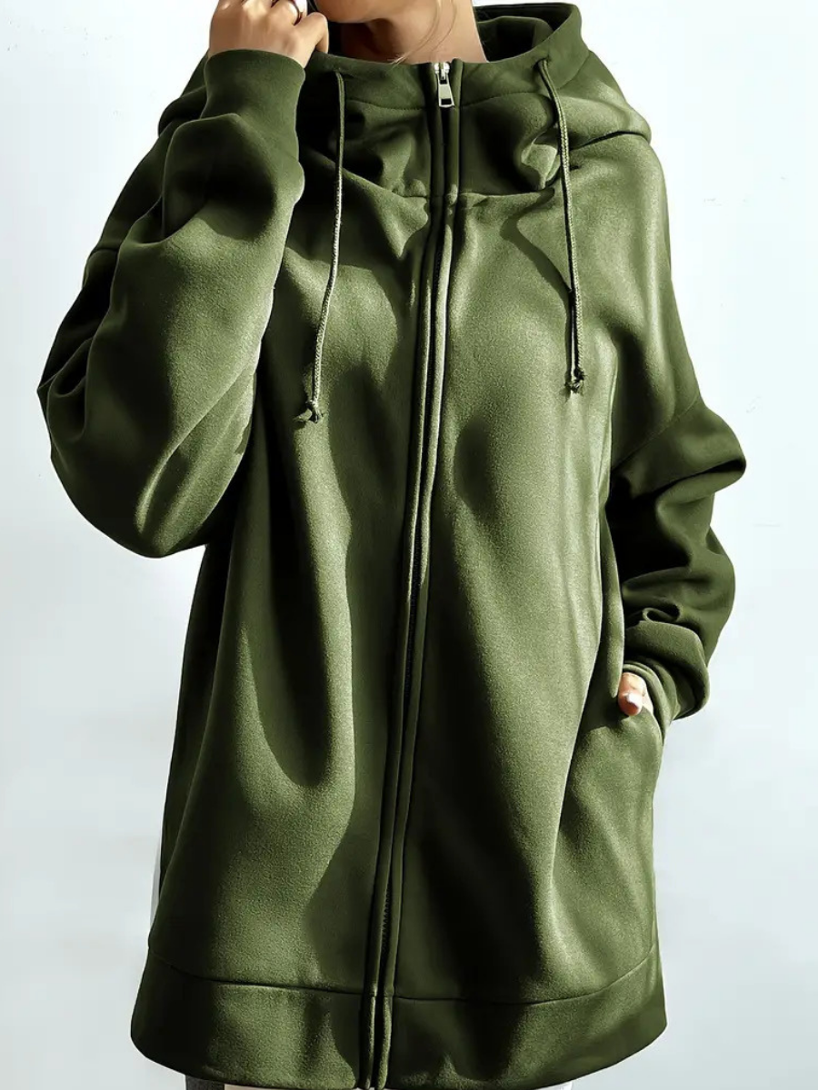 Sweat à capuche long femme avec col montant et zip – confort casual