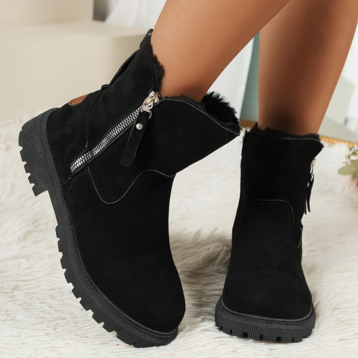 Bottines femme – bottes chaudes à doublure peluche & semelle plateforme zippée