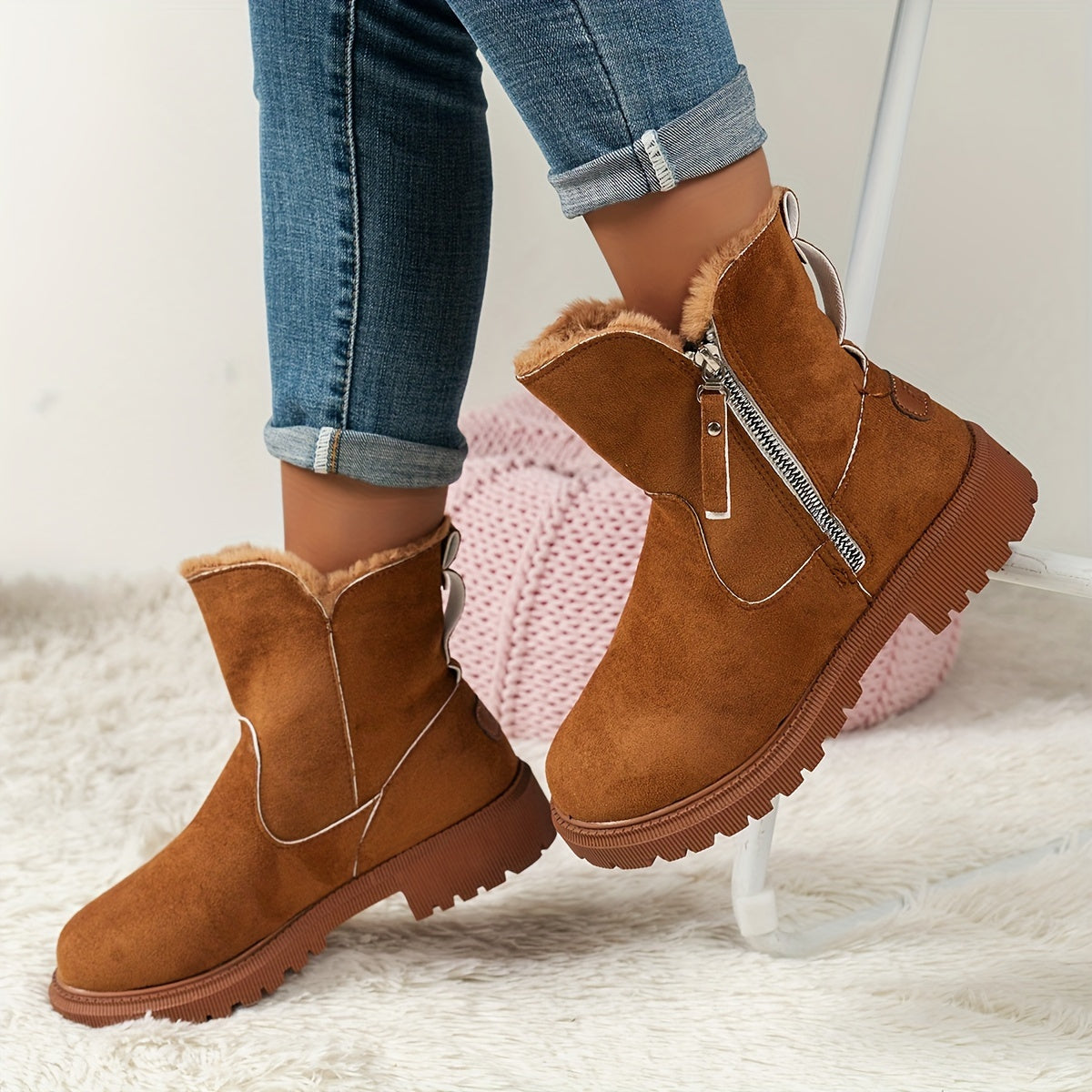 Bottines femme – bottes chaudes à doublure peluche & semelle plateforme zippée