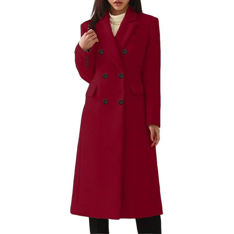 Manteau long en laine femme – Élégant manteau bordeaux à double boutonnage