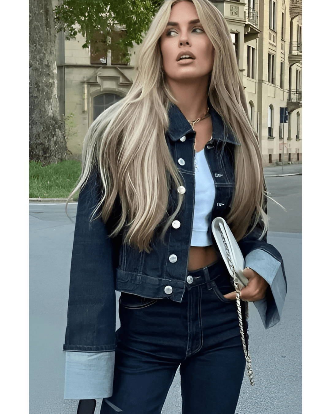 Ensemble femme en denim – Veste à col & pantalon, style chic intemporel