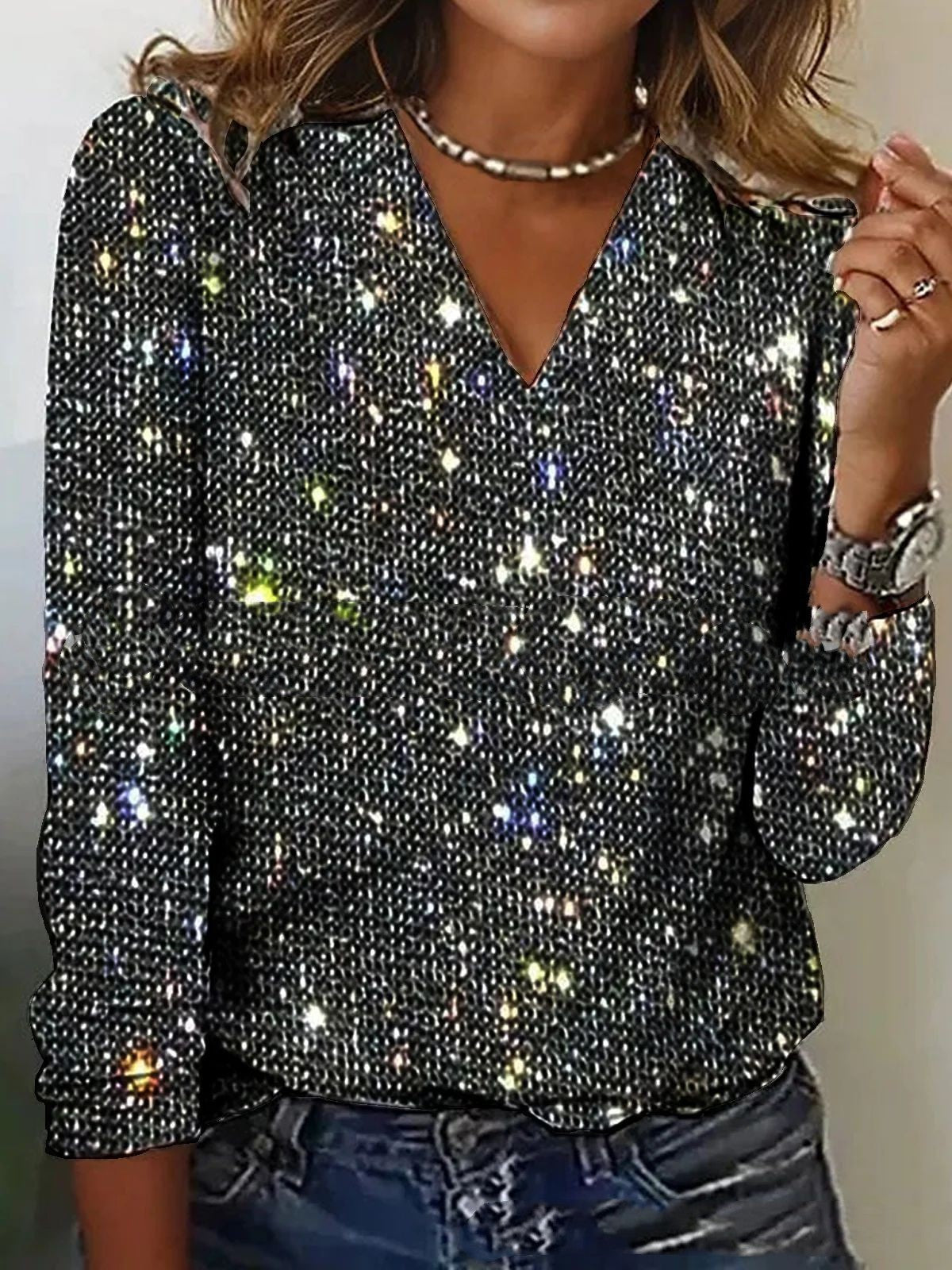Blouse femme Caroline à paillettes – Col V et manches longues tendance