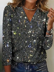 Blouse femme Caroline à paillettes – Col V et manches longues tendance