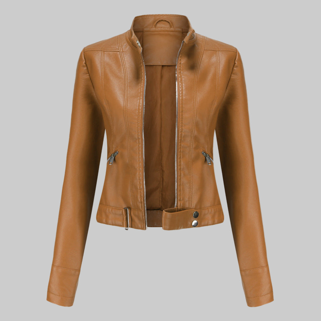 Veste en cuir femme – blouson élégant avec col montant et fermeture zippée
