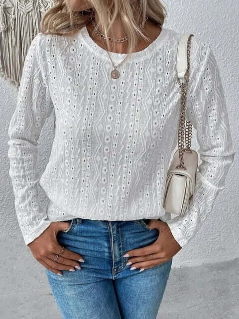Blouse dentelle élégante broderie manches longues – Coton doux & détails luxe
