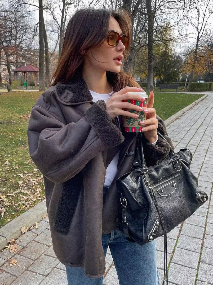 Veste cuir marron Amy femme — blouson vintage à doublure polaire & coupe féminine