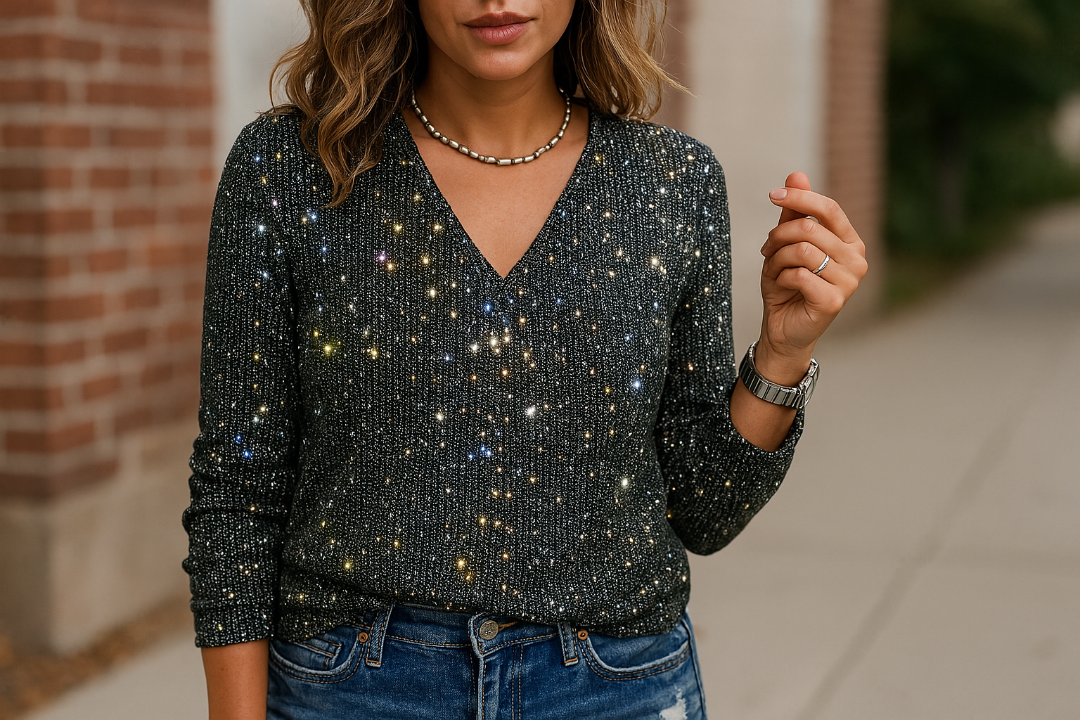 Blouse femme Caroline à paillettes – Col V et manches longues tendance