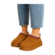 Chaussons chauds femme – pantoufles camel doublées polaire & détails tricotés
