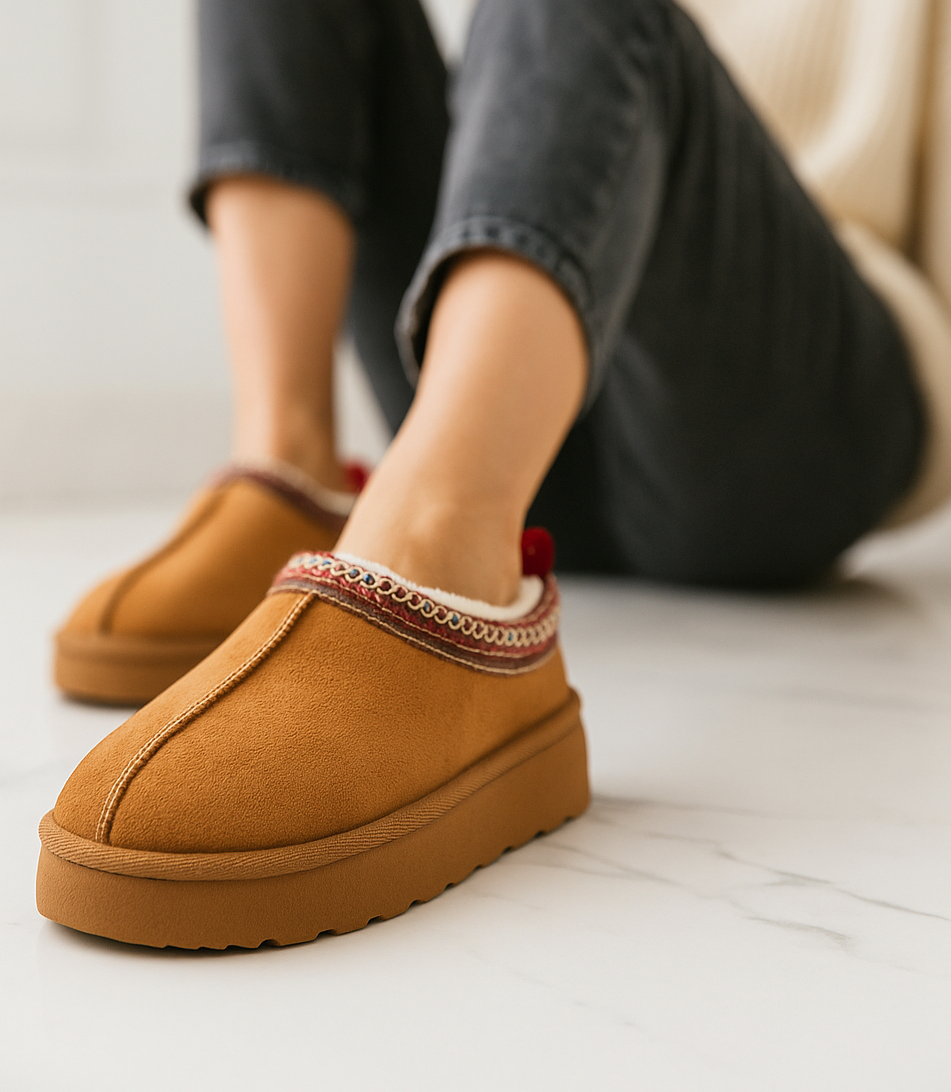 Chaussons chauds femme – pantoufles camel doublées polaire & détails tricotés