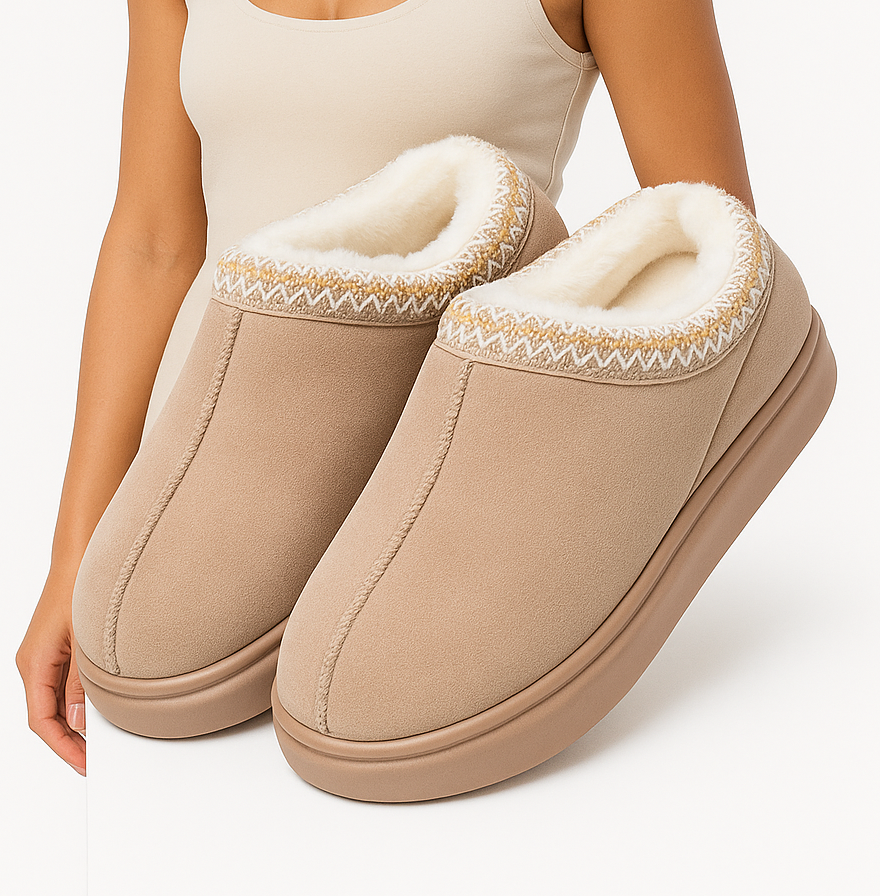 Chaussons chauds femme – pantoufles camel doublées polaire & détails tricotés
