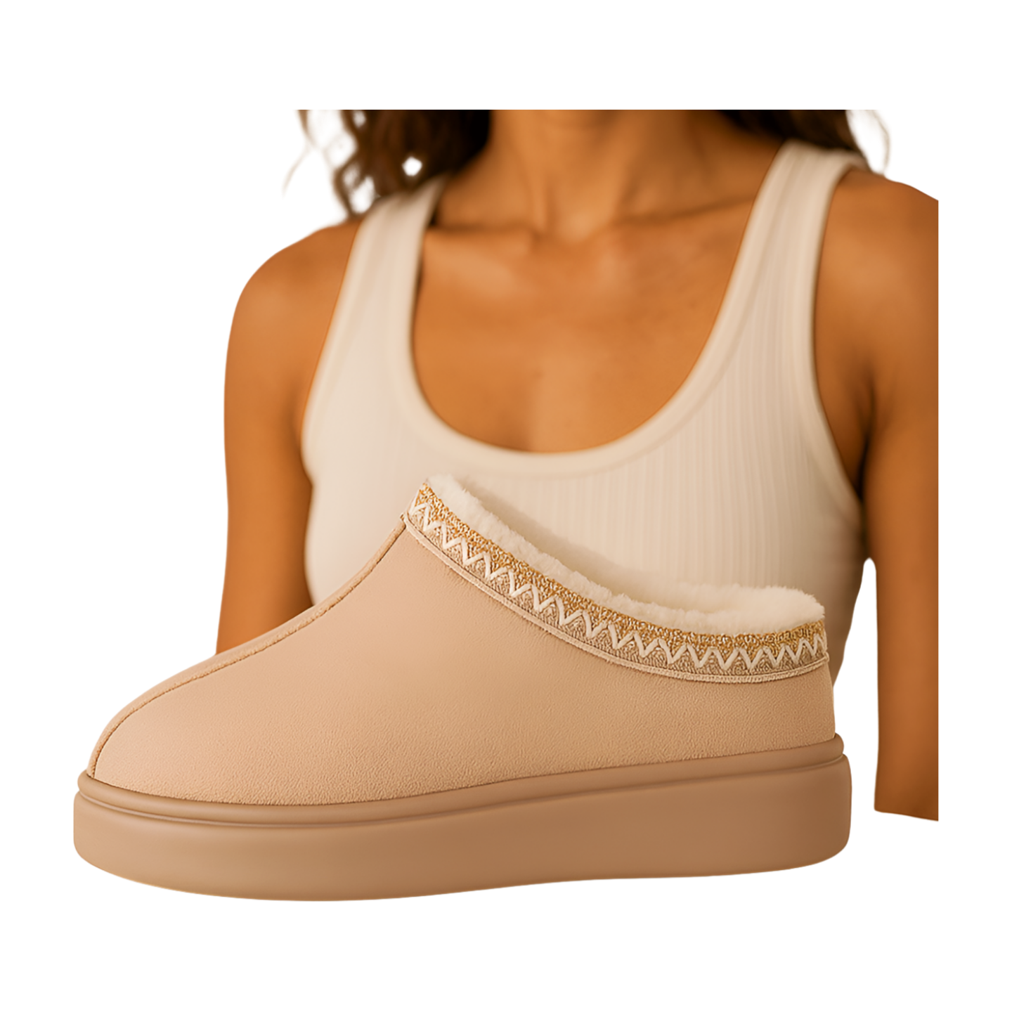 Chaussons chauds femme – pantoufles camel doublées polaire & détails tricotés
