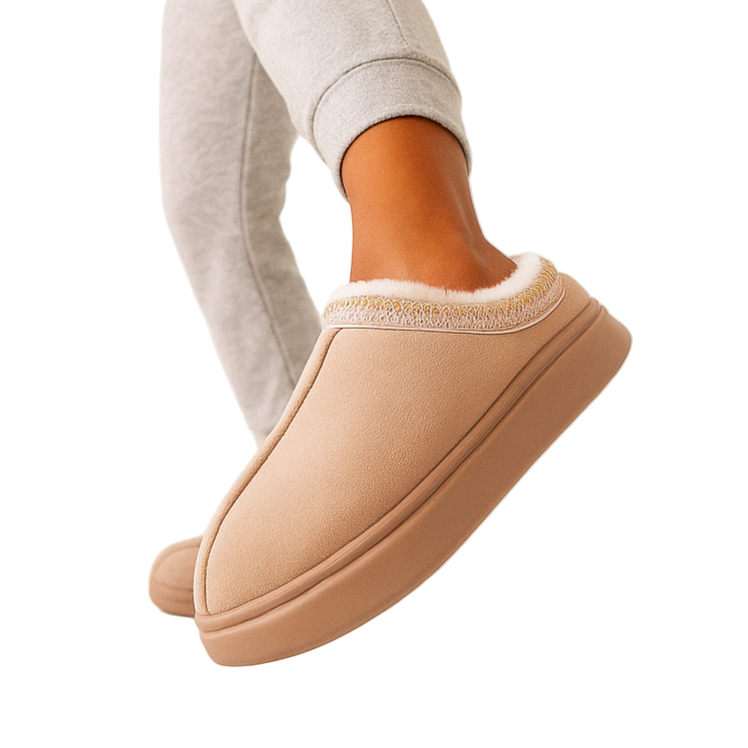 Chaussons chauds femme – pantoufles camel doublées polaire & détails tricotés