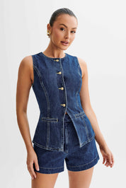 Ensemble denim court Demi femme — gilet sans manches + short taille haute
