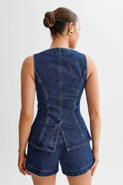 Ensemble denim court Demi femme — gilet sans manches + short taille haute