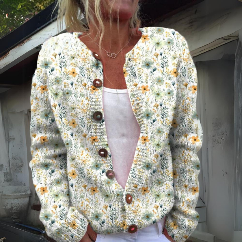 Cardigan femme en maille – Gilet à boutons & imprimé fleuri | Confort & élégance