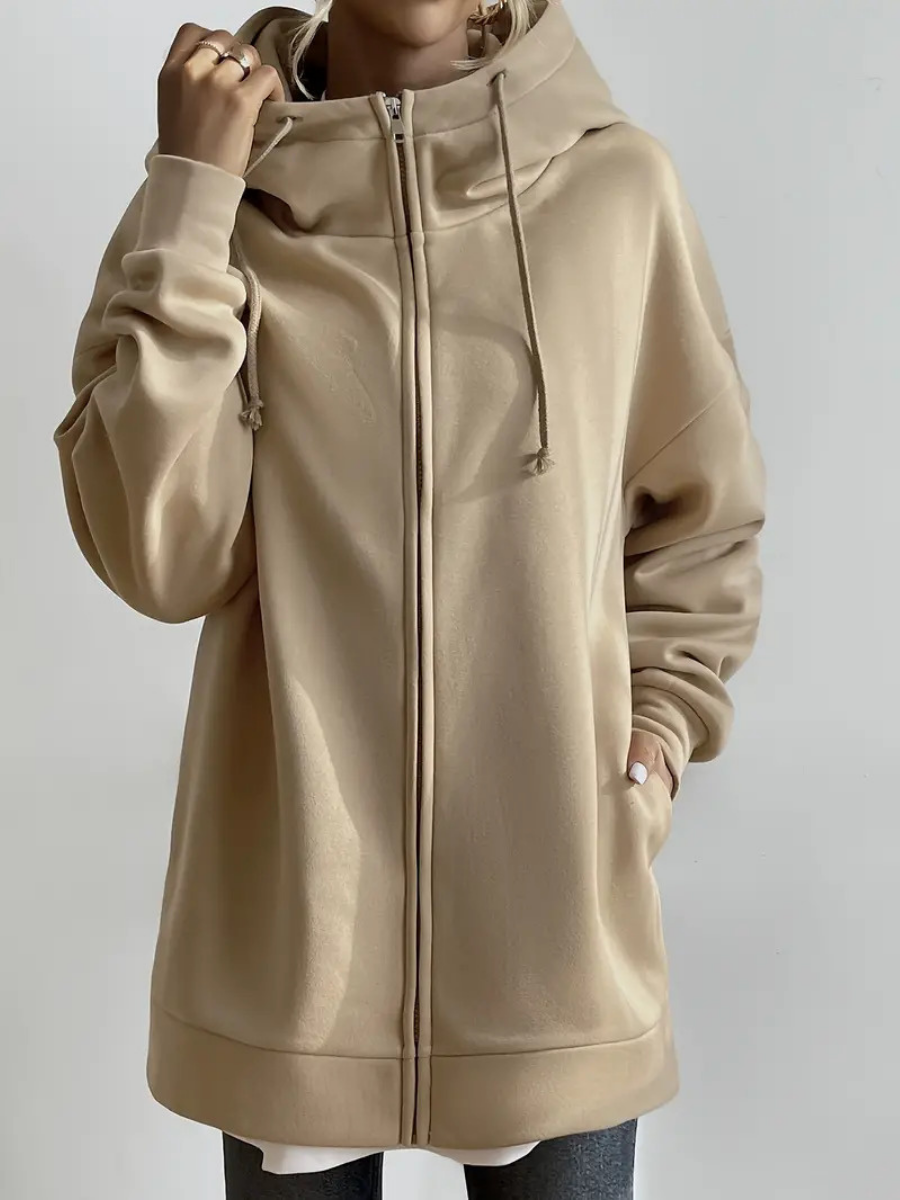 Sweat à capuche long femme avec col montant et zip – confort casual