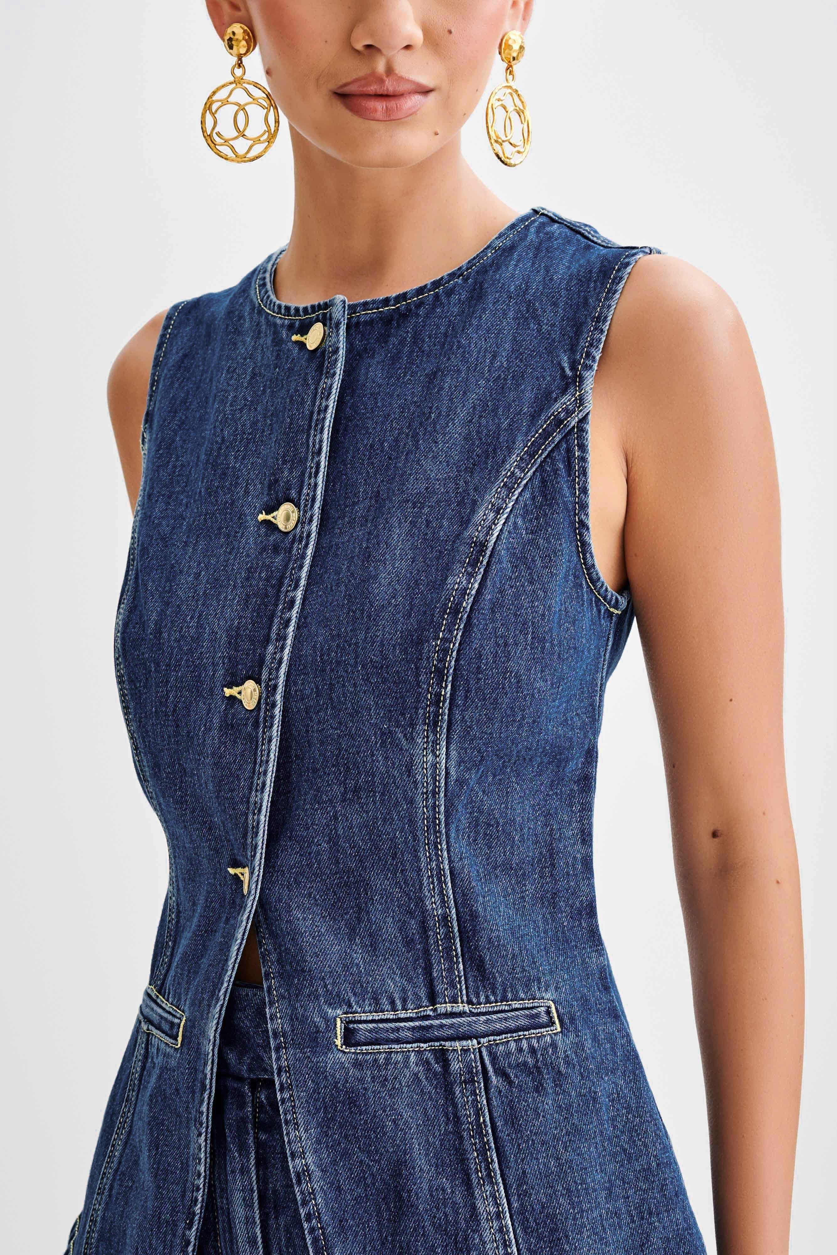 Ensemble denim court Demi femme — gilet sans manches + short taille haute