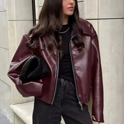 veste cuir femme IKKY – coupe relaxed, col structuré & fermeture zippée