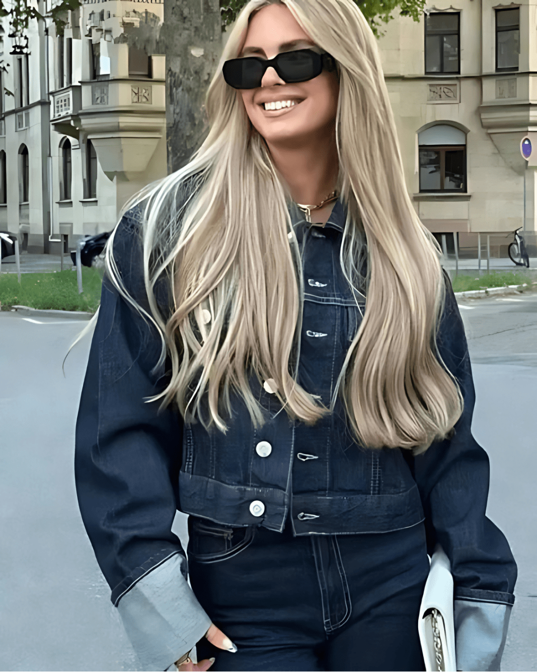 Ensemble femme en denim – Veste à col & pantalon, style chic intemporel