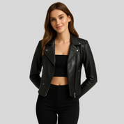 Veste biker femme IKKY – blouson cuir noir cintré à zip asymétrique