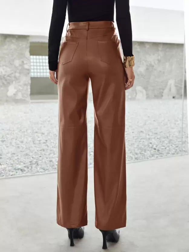 Pantalon femme en cuir – Taille haute à jambes larges avec poches pratiques