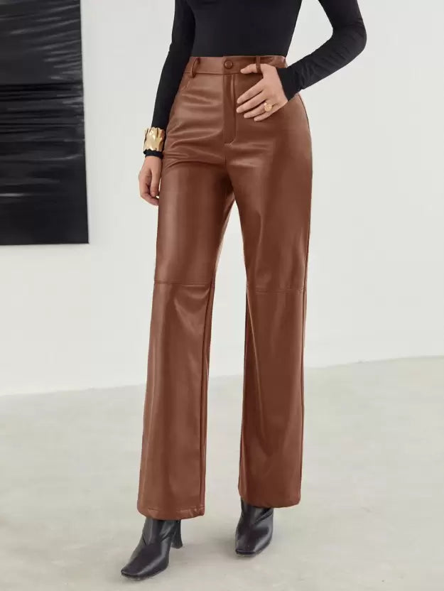 Pantalon femme en cuir – Taille haute à jambes larges avec poches pratiques