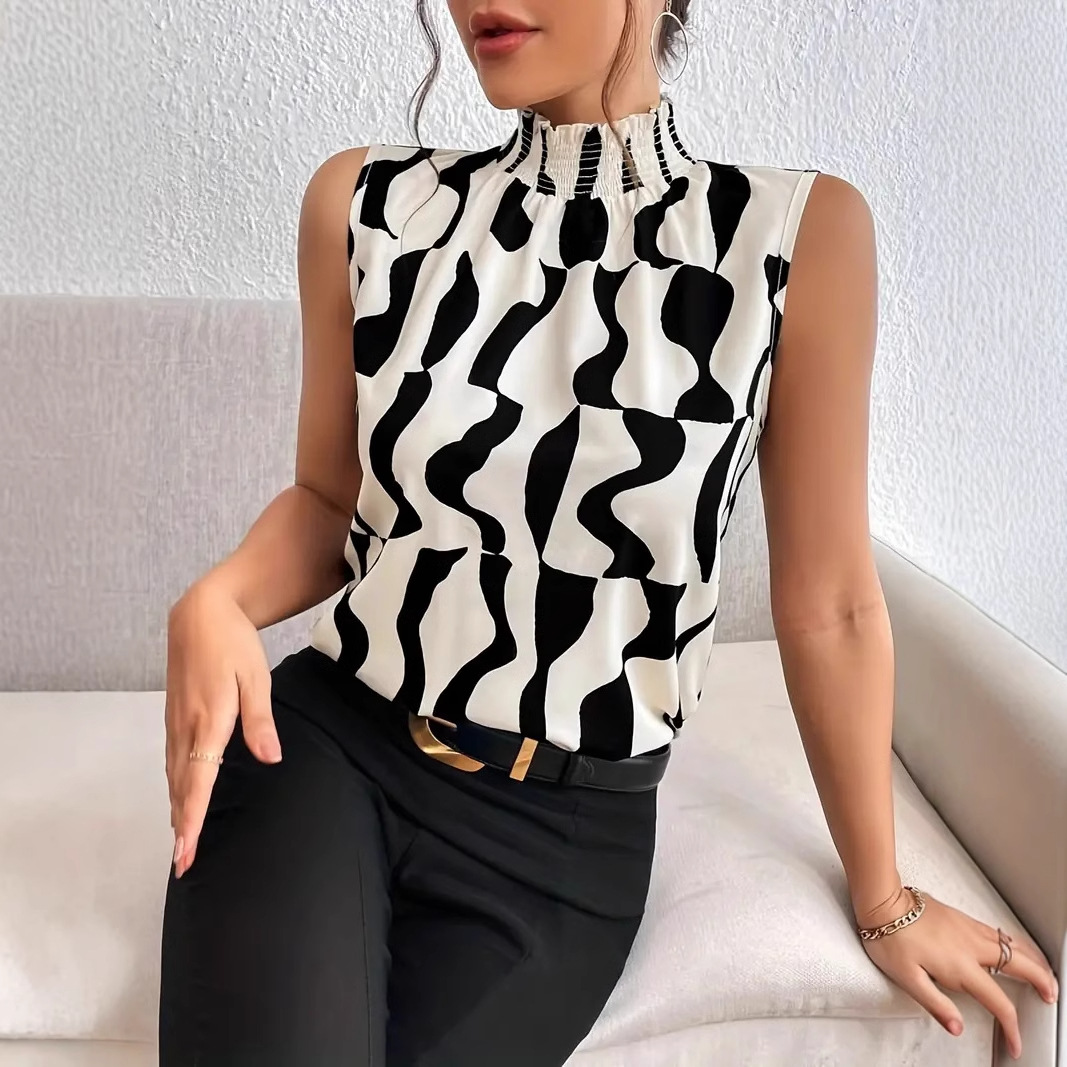 Top sans manches femme à motif ondulé – col montant chic et moderne