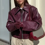 veste cuir femme IKKY – coupe relaxed, col structuré & fermeture zippée