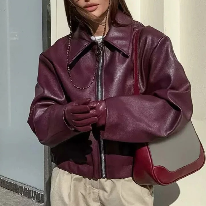 veste cuir femme IKKY – coupe relaxed, col structuré & fermeture zippée