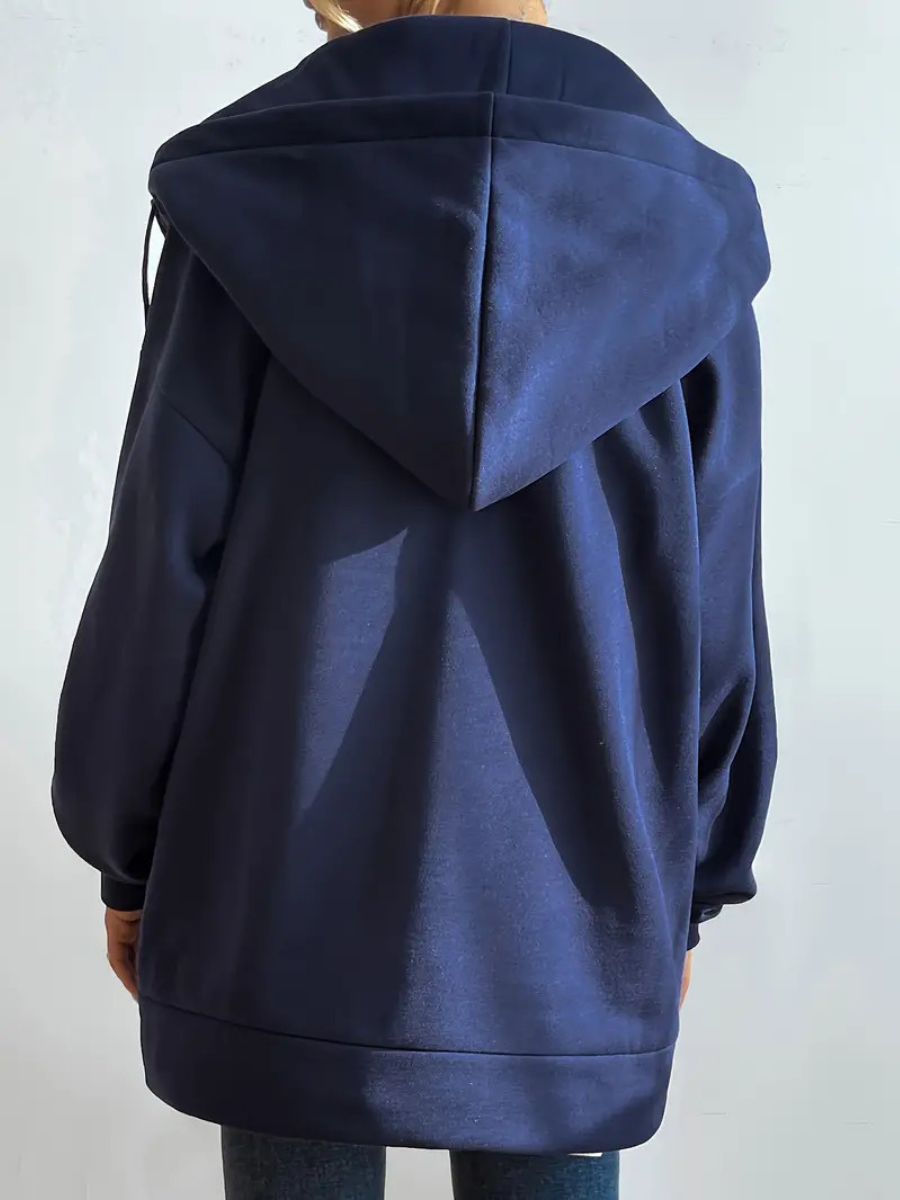 Sweat à capuche long femme avec col montant et zip – confort casual