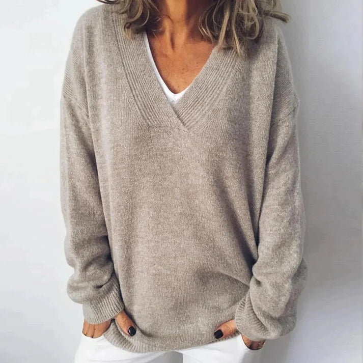 Pull Indy femme à col V – tricot doux & manches longues mi-saison