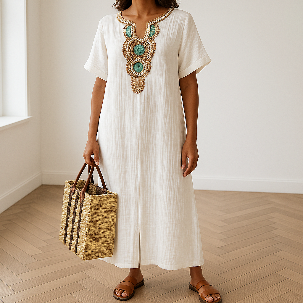 Robe maxi Eshun femme – kaftan coton-lin avec fente & broderies élégantes