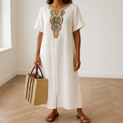 Robe maxi Eshun femme – kaftan coton-lin avec fente & broderies élégantes