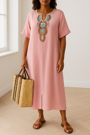 Robe maxi Eshun femme – kaftan coton-lin avec fente & broderies élégantes