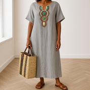 Robe maxi Eshun femme – kaftan coton-lin avec fente & broderies élégantes