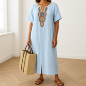 Robe maxi Eshun femme – kaftan coton-lin avec fente & broderies élégantes