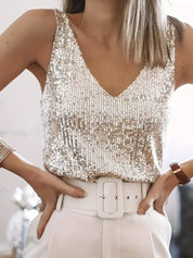 Top femme à paillettes – haut élégant à col V scintillant pour soirées & fêtes