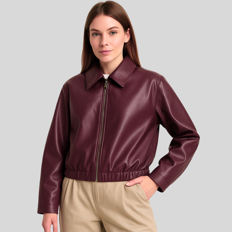 veste cuir femme IKKY – coupe relaxed, col structuré & fermeture zippée