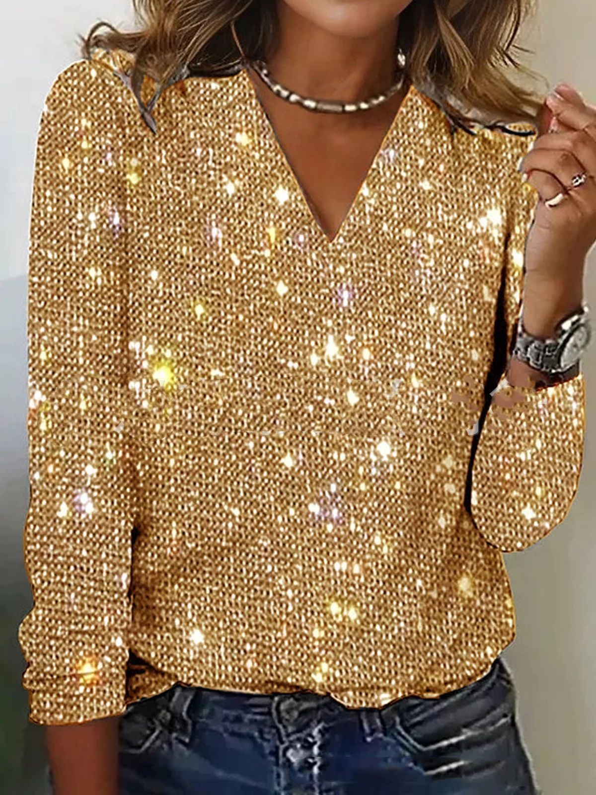 Blouse femme Caroline à paillettes – Col V et manches longues tendance