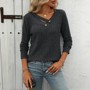 Blouse femme casual unie col V boutonné – Manches longues élégantes