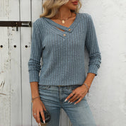 Blouse femme casual unie col V boutonné – Manches longues élégantes
