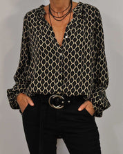 Blouse Femme VADA – Motif Géométrique Chic à Col V & Manches Longues